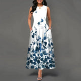 Women's V-neck Sleeveless Long Dress Retro Bohemian Dresses Floral Print Swing Casual New 