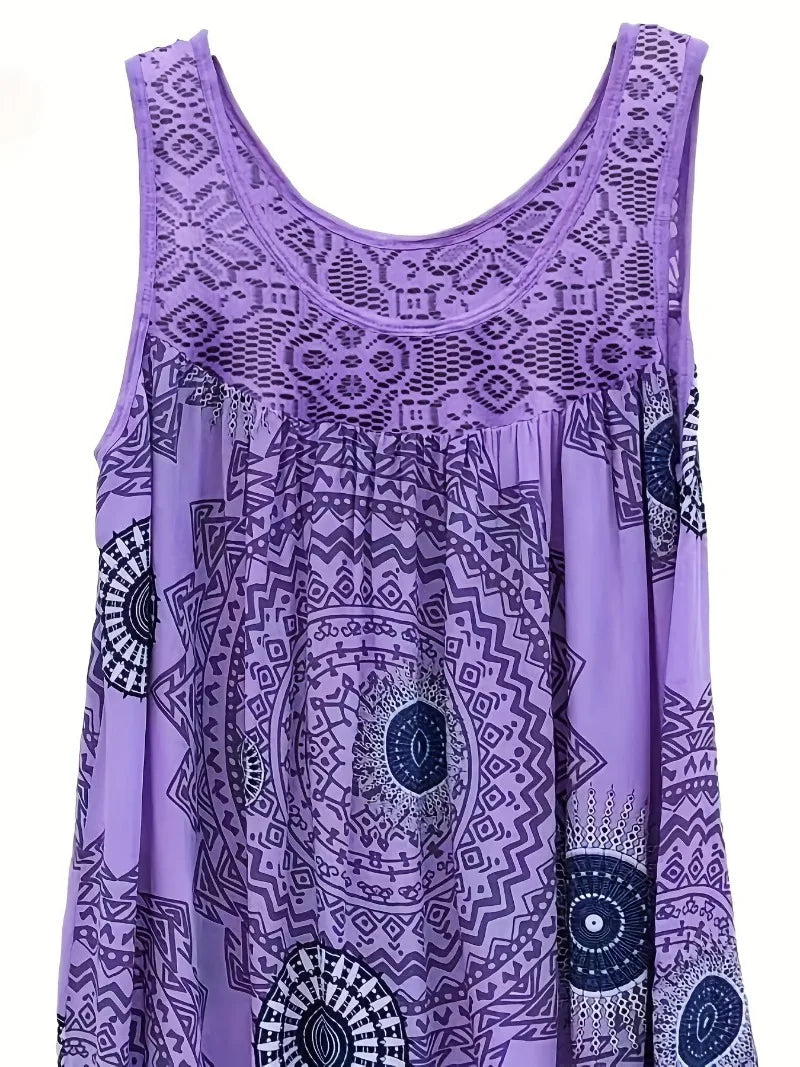 Vestido sin mangas para mujer, talla grande 1XL-8XL, estampado de paneles de encaje, sin mangas, dobladillo grande