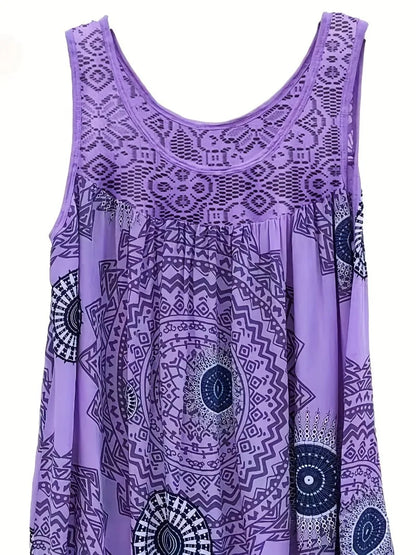 Plus Size 1XL-8XL Women's Sleeveless Dress Lace Panel Printing Sleeveless Large Hem Vest Dress