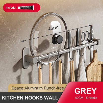Wall Mounted Kitchen Hook Rack No-Punching Wall Hangers Rail Kitchen Utensils Rack Spoon Shovel Chopping Board Storage Rack