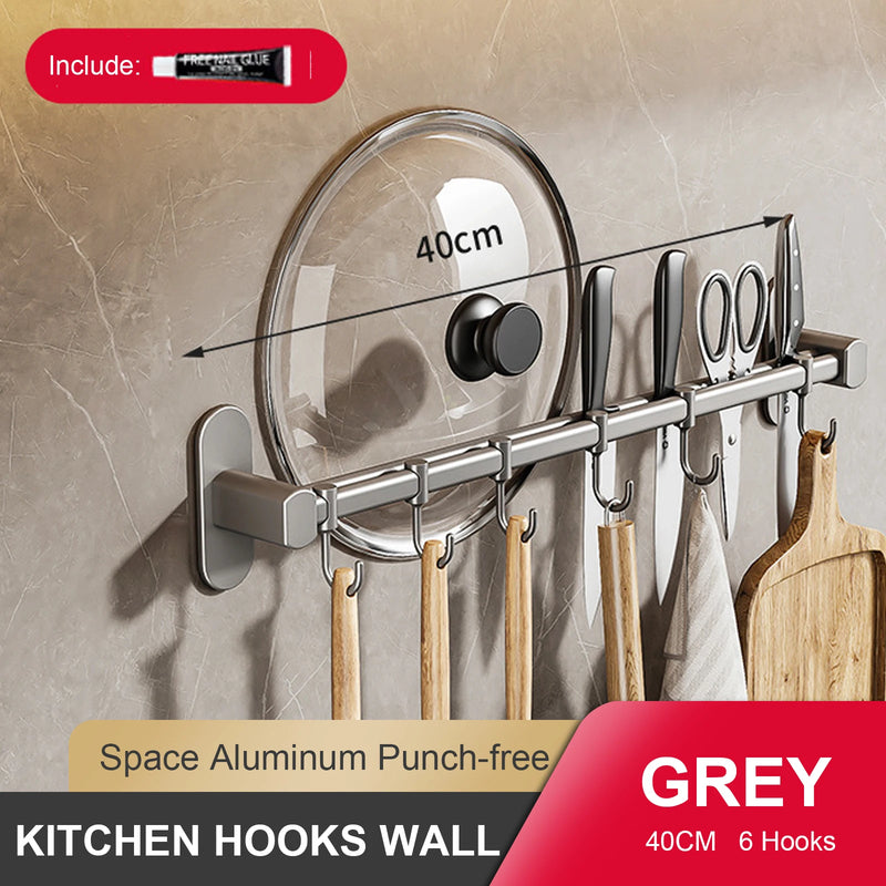 Wall Mounted Kitchen Hook Rack No-Punching Wall Hangers Rail Kitchen Utensils Rack Spoon Shovel Chopping Board Storage Rack