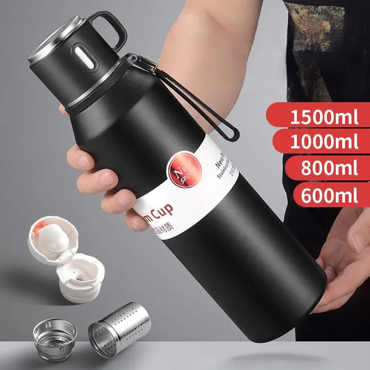 Termo de café de gran capacidad de 1500 ml, botella de vacío con filtro de té, termo de viaje de acero inoxidable, mantiene el calor y el frío, 1 l