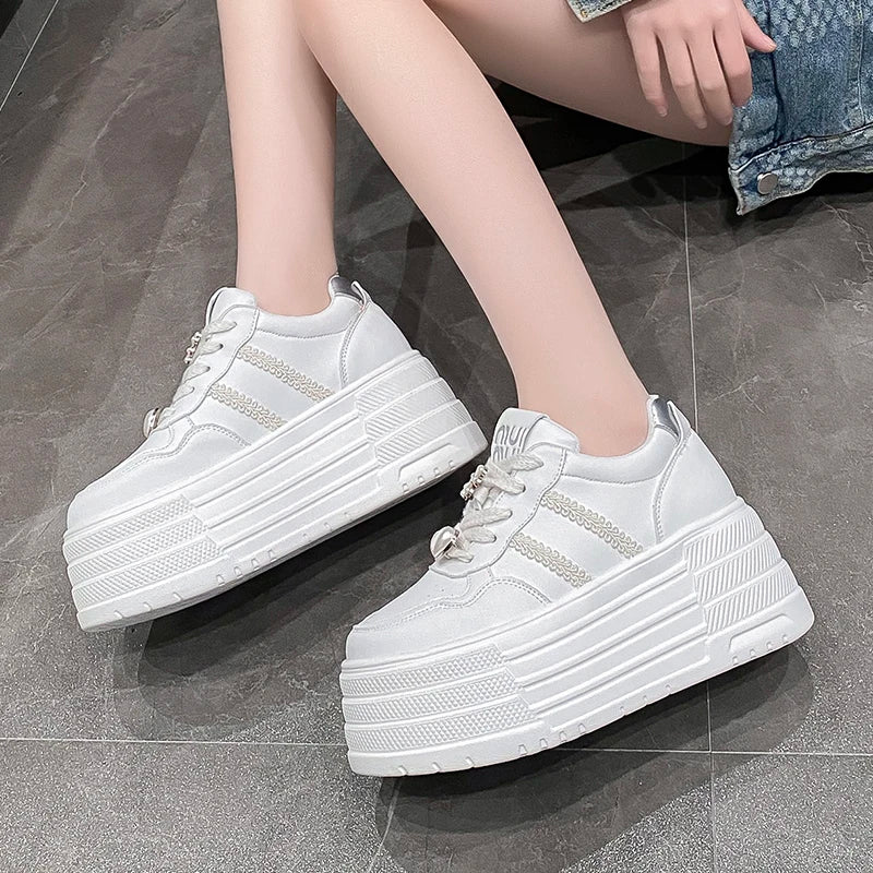 8cm Leather Flats Casual Dad Shoes Chunky Sneakers 2025 Women Platform Sports Shoes Ladies Skateboard Hidden Heels Shoes Tennis