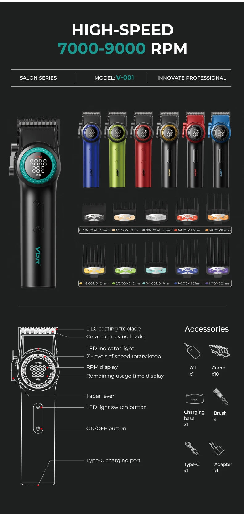 VGR 001 977 new hair trimming set high-end men's hair clipper intelligent digital display electric carving and whitening trimmer