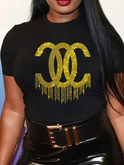 Camiseta de manga curta de lantejoulas feminina, gola O, camiseta solta elástica, plus size, tops grandes, Lady, primavera, verão, moda, 2024