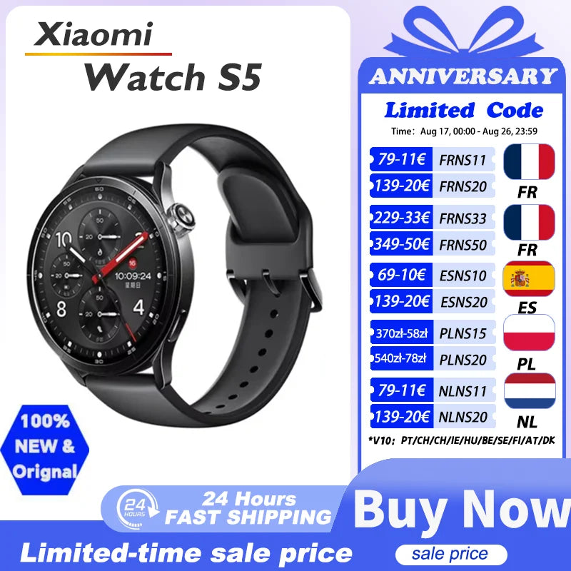 Smartwatch Xiaomi Watch S5 (Versão Global) – Tela AMOLED de 1,48", bateria com 21 dias de duração, monitoramento de saúde 24 horas e mais de 150 modos esportivos.