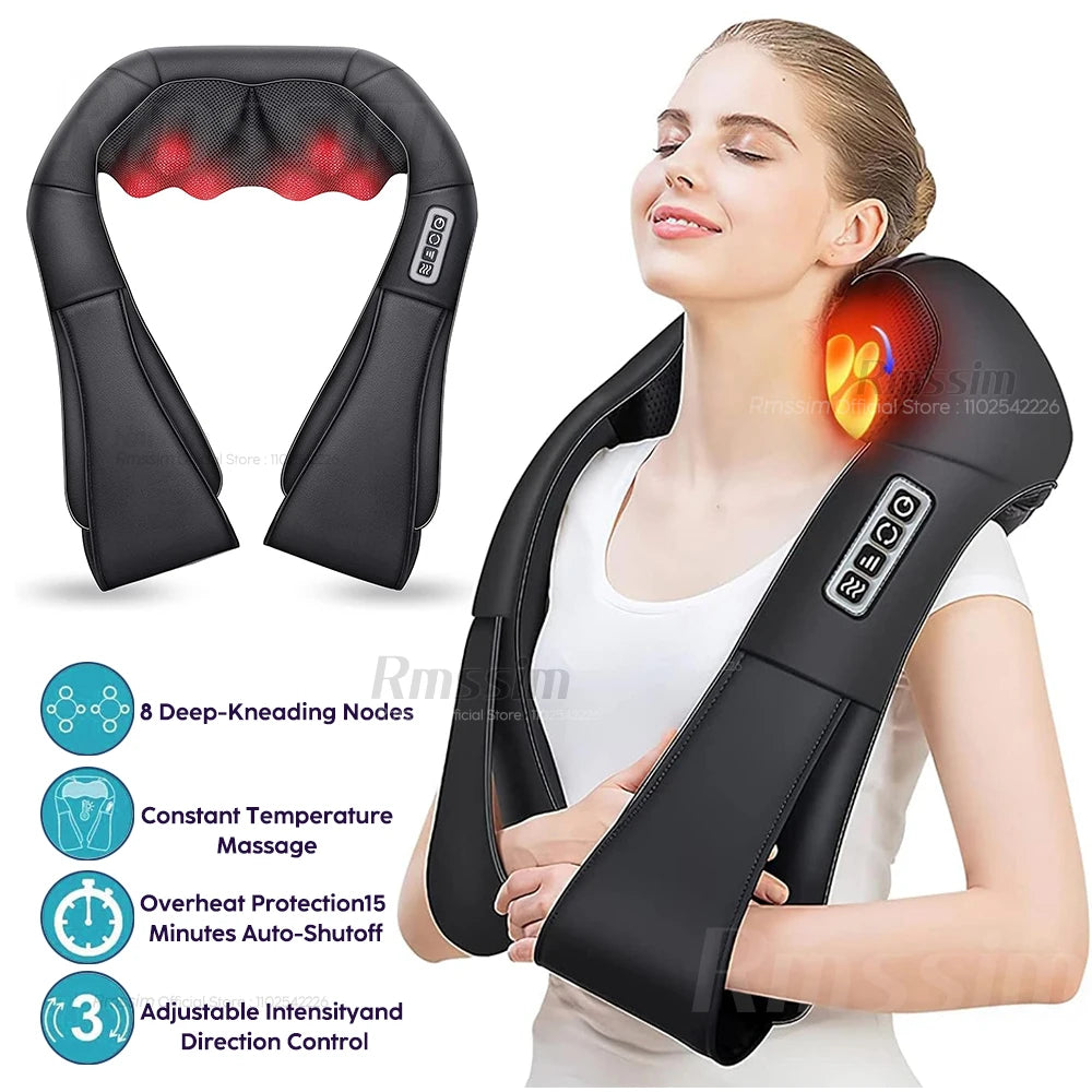 Masajeador Shiatsu de cuello y hombros, masajeador de espalda con calefacción en forma de U, almohada de masaje eléctrico de amasamiento profundo para cuello, cintura, piernas y cuerpo.