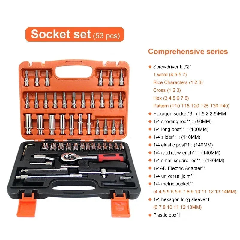 Professional Auto Repair Tool Kit 46/53pc Quick Ratchet Wrench Multi-Function Set for Home Industrial Use Chrome Vanadium Steel