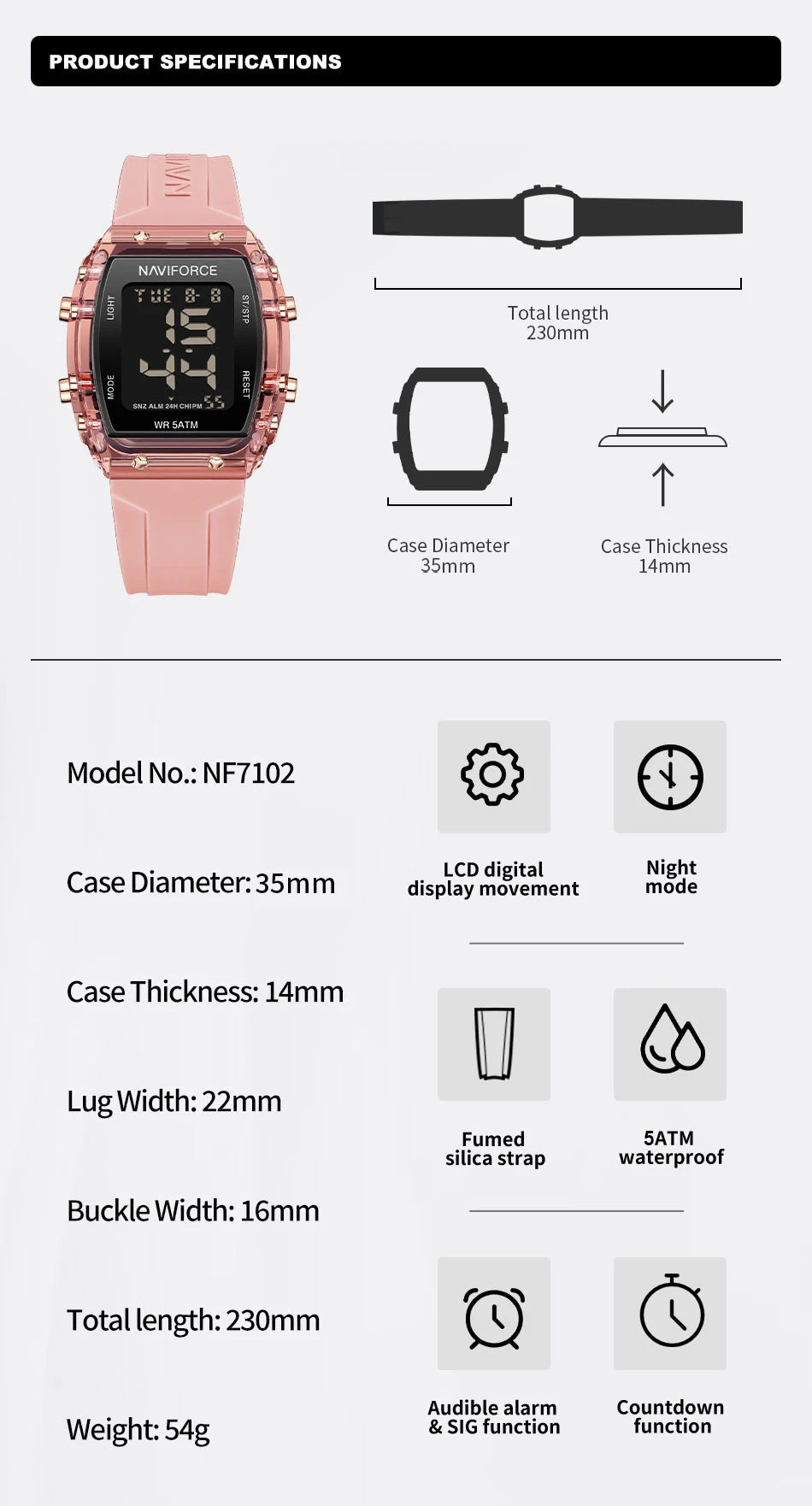 Relojes NAVIFORCE para mujer, con movimiento digital LCD, reloj de moda para mujer, resistente al agua hasta 50 m, correa de silicona, relojes de pulsera deportivos electrónicos.