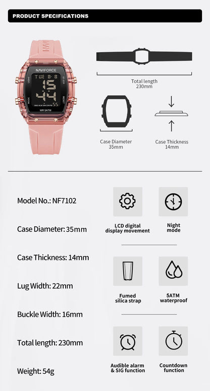 Relojes NAVIFORCE para mujer, con movimiento digital LCD, reloj de moda para mujer, resistente al agua hasta 50 m, correa de silicona, relojes de pulsera deportivos electrónicos.