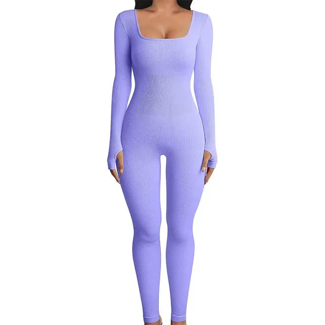 Monochrome Ribbed Knit Bodycon Jumpsuit for Women Long Sleeve Square Neck Skinny Romper Jumpsuit Yoga Workout Sport 