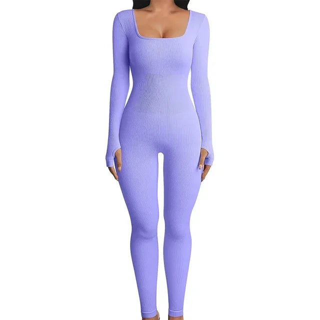 Macacão bodycon de malha monocromático com nervuras para mulheres, manga comprida, gola quadrada, macacão magro, macacão ioga, treino, esporte