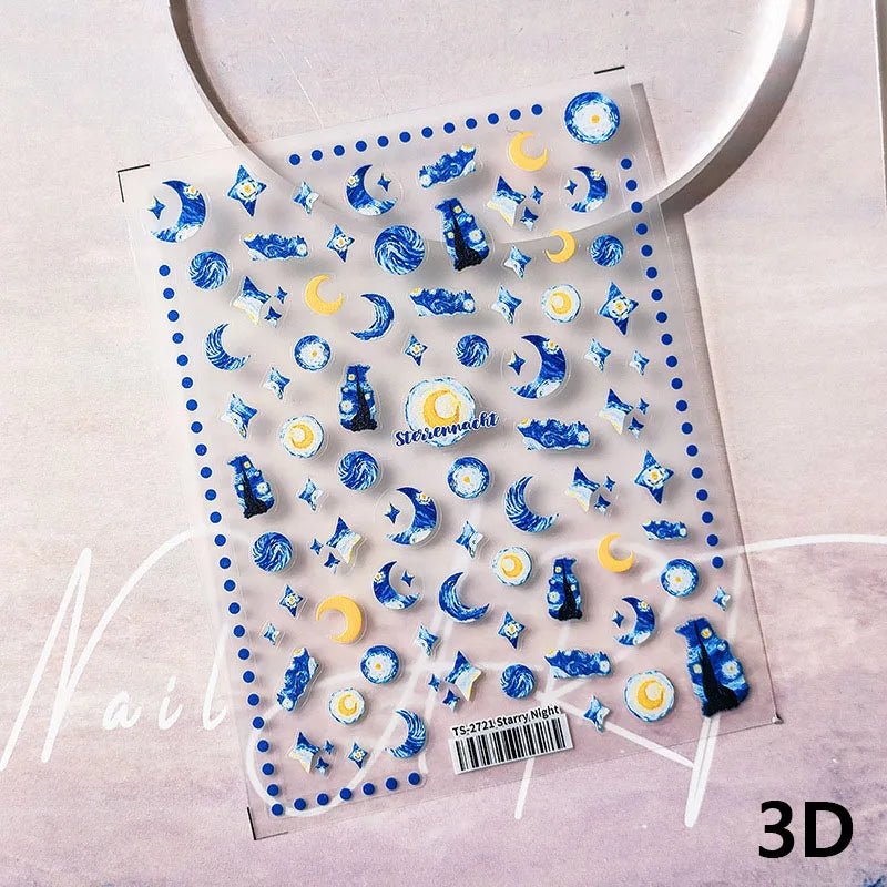 Blue Starry Night 5D Soft Embossed Relief Self Adhesive Nail Art Decoration Stickers Dressy White Stars 3D Manicure Decals Woman