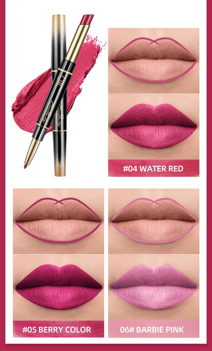 Delineador de labios 2 en 1, resistente al agua, mate, lápiz labial, rojo sexy, de larga duración, maquillaje, cosméticos