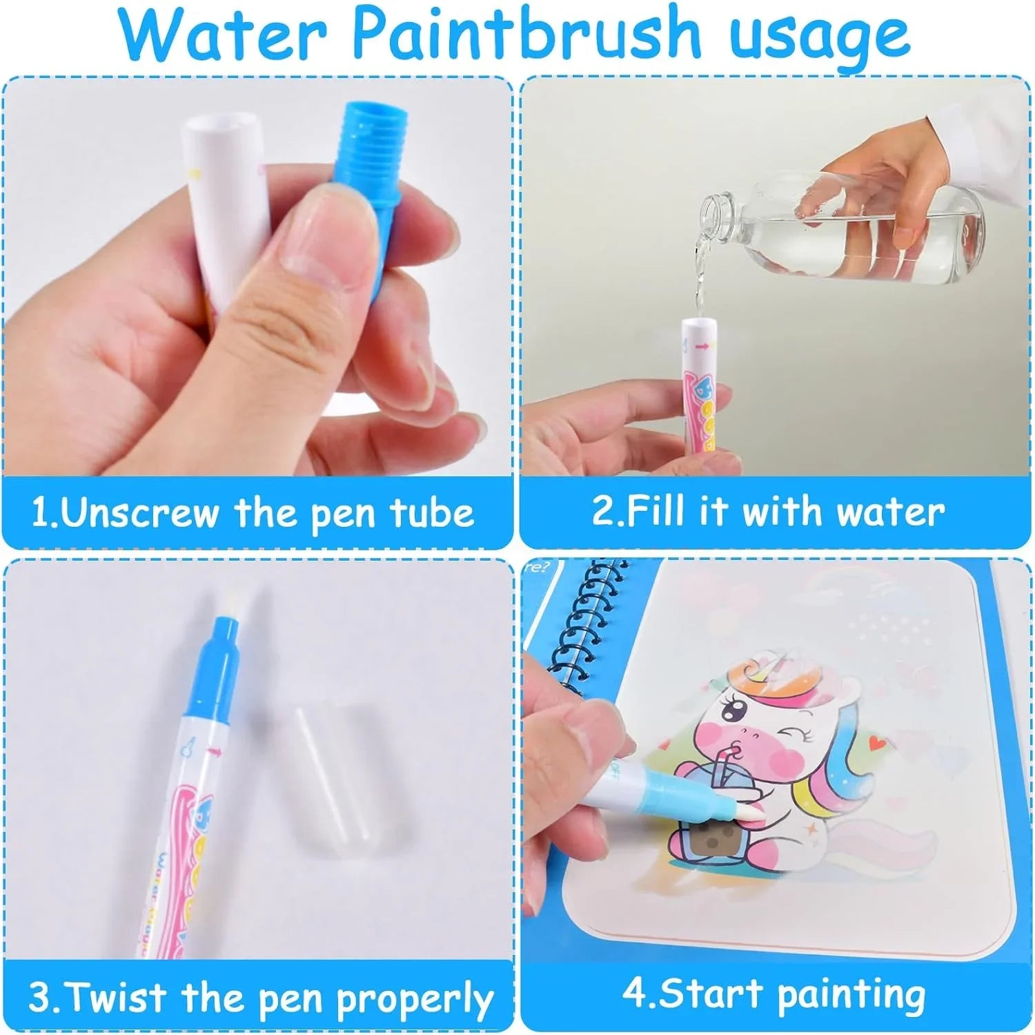 1 Livro de Colorir Infantil com Caneta de Água Recarregável (Livro Mágico de Desenho com Água) – Brinquedo Educativo de Desenho e Aprendizado