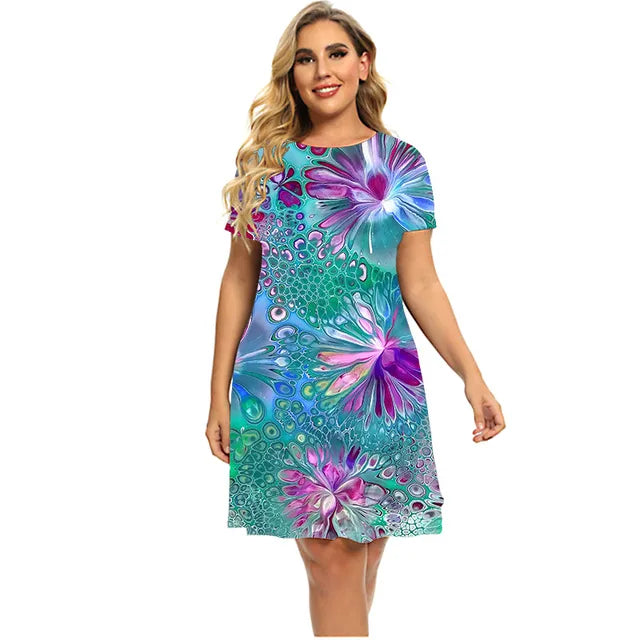 Women's Plant Flower Print Dress Short Sleeve Loose A-line Dress O-neck Casual Dress Plus Size Summer 