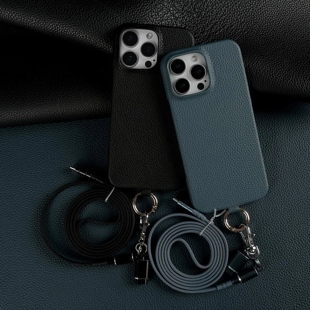 Funda de piel auténtica personalizable con cordón de carga para iPhone 16 Pro Max, 15, 14, 13, 12 y 11, con funda magnética.