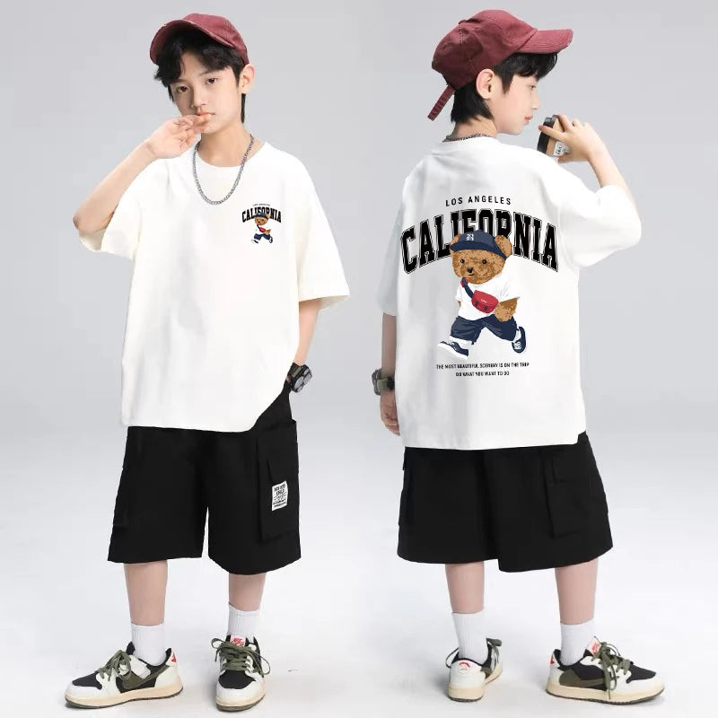 2025 Children's Clothing American Vintage Bear Print Graphic T Shirts Boys Summer Cotton Short-sleeved T-shirt Tops Streetwear