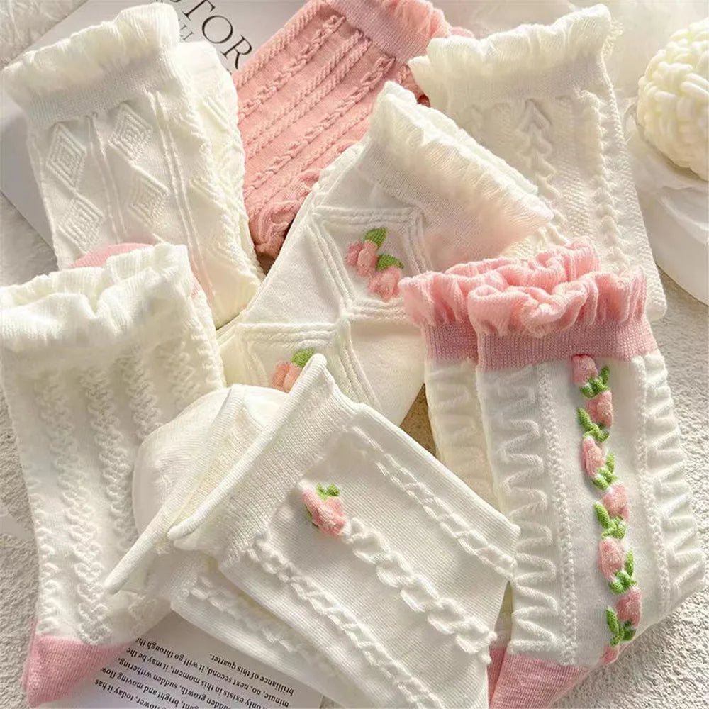 5 Pairs Women White Pink Floral Pattern Socks Cute Sweet Versatile Fashionable Socks Comfortable Breathable Mid Length Socks ﻿