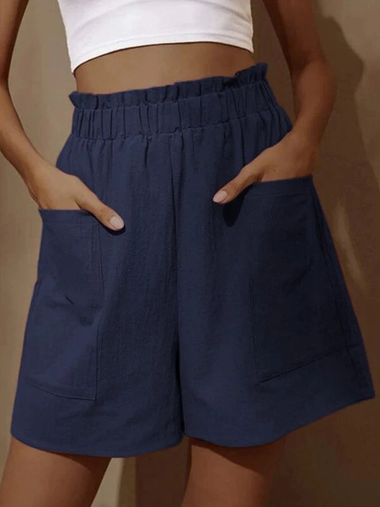Pantalones cortos informales holgados de talla grande para mujer, de verano, de cintura alta, lisos, con dos bolsillos y pierna ancha, deportivos 