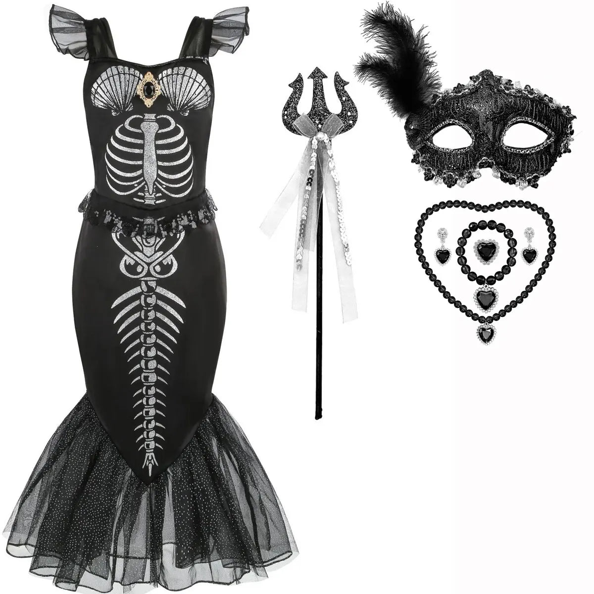Halloween New Horror Skeleton Little Mermaid Costume Ariel Princess Black Skeleton Fishtail Dress Holiday Special Dress