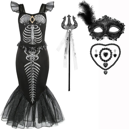 Halloween New Horror Skeleton Little Mermaid Costume Ariel Princess Black Skeleton Fishtail Dress Holiday Special Dress