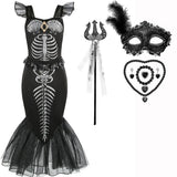 Halloween New Horror Skeleton Little Mermaid Costume Ariel Princess Black Skeleton Fishtail Dress Holiday Special Dress