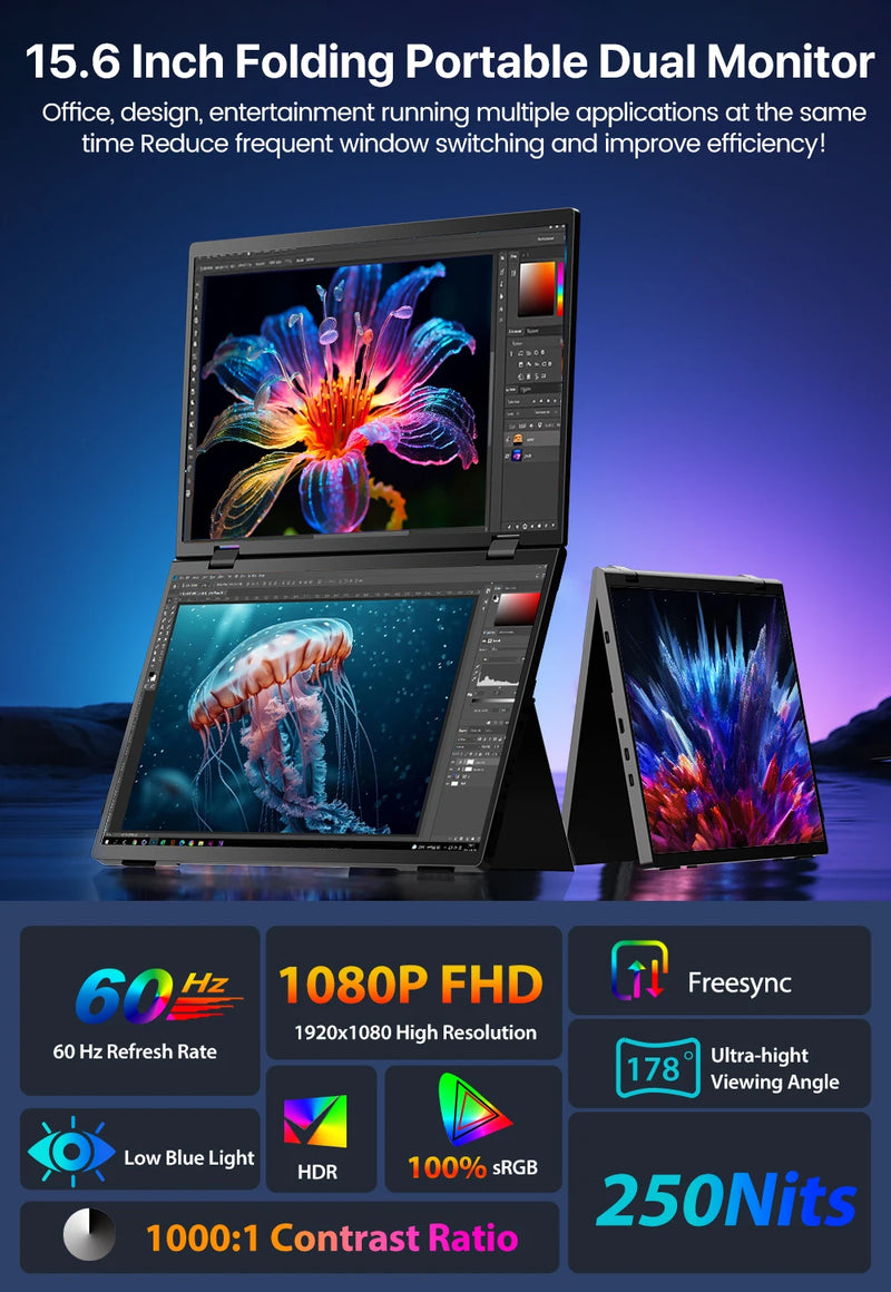 Cdisplay 15.6" Dual Portable Monitor 1080P FHD Laptop Screen Extender Folding Stacked Dual Monitors for Laptop PC Windows Mac