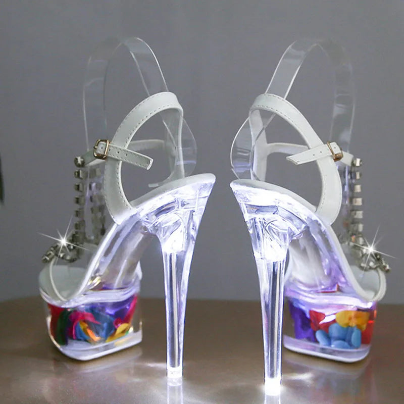 LTARTA Women's Shoes Stiletto Nightclub 15cm  High Heels Rhinestone Sandals Flower Root Crystal Sole 190 Series 5cm Platform LFD