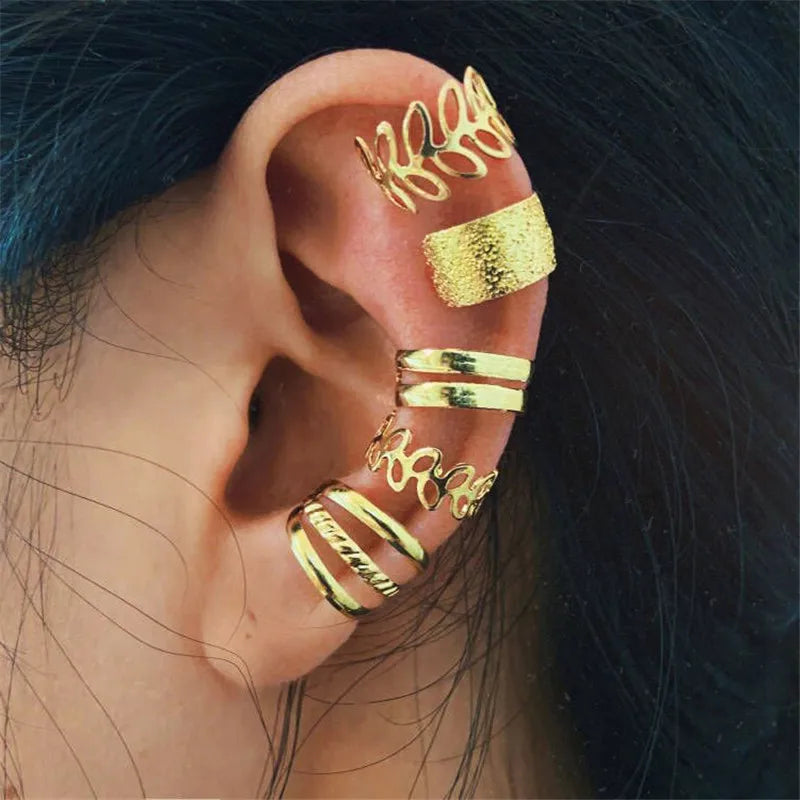Silver Color Leaves Clip Earrings for Women Men Creative Simple C Ear Cuff Non-Piercing Ear Ear Clip Set Trend Jewelry Gift