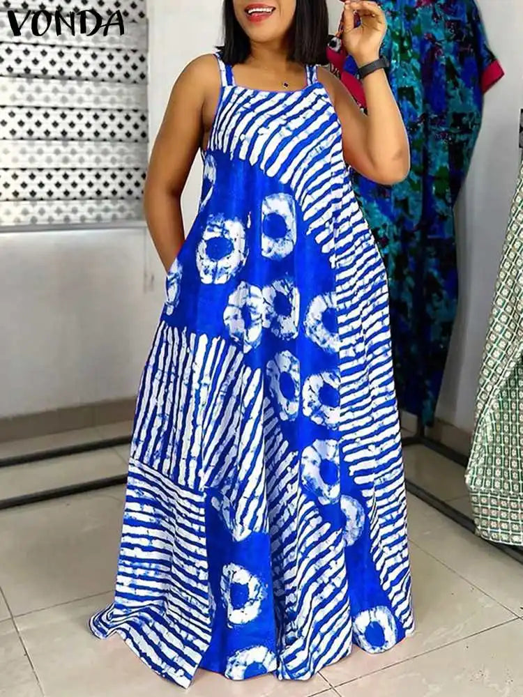 VONDA-Vestido Maxi Estampado Boêmio, Vestido de Festa Sem Mangas, Vestido Longo de Praia, Robe Solto Casual, Plus Size 5XL, Verão, 2024