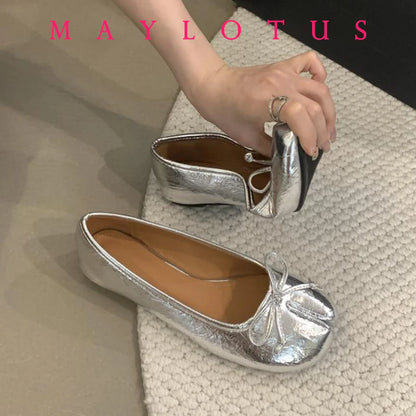 Spring Women Flat Split Toe Shoes with Bow Soft Leather Bow Tie Front Shallow Slip On  Girls Tabi Shoes Flats Ballet Shoes