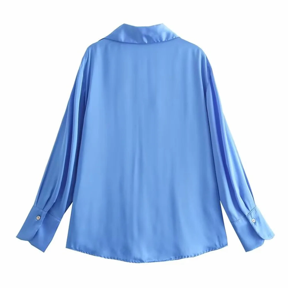PB&amp;ZA 2024 primavera nueva moda y elegancia de las mujeres Casual versátil seda satén textura camisa