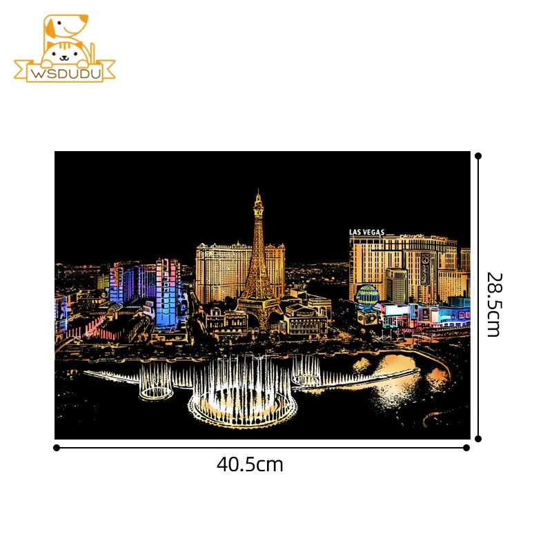 Scratch Art Paper Set 2 Sheets World Landmark Night Scene with Stylus DIY Crafts Stress Relief Creative Painting Adult Kids Gift