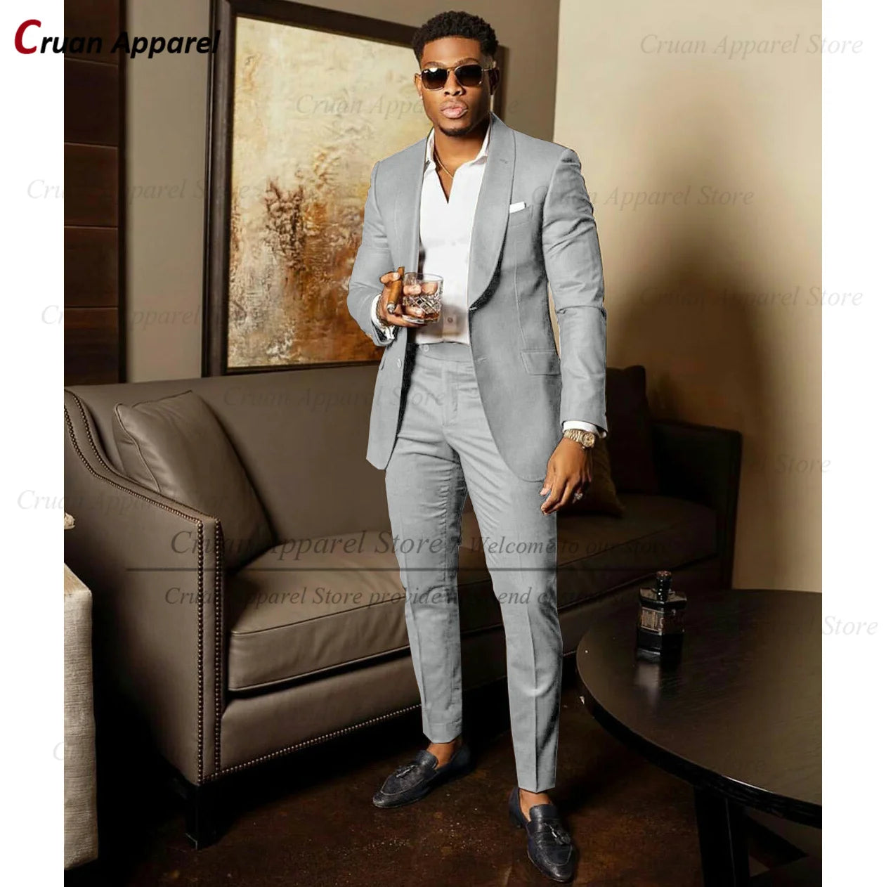 Blue Shawl Lapel Suit Male 2 Pieces Tailored Groom Wedding Suits Tuxedo Best Man Blazer Pants Trendy Fashion Marriage Costume