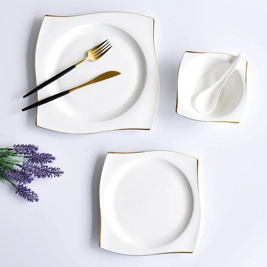 Ceramic Square Plates and Bowl Set Dinner Set Plates and Dishes Bone Porcelain Tableware Phnom Penh Cutlery Kitchen Accessories
