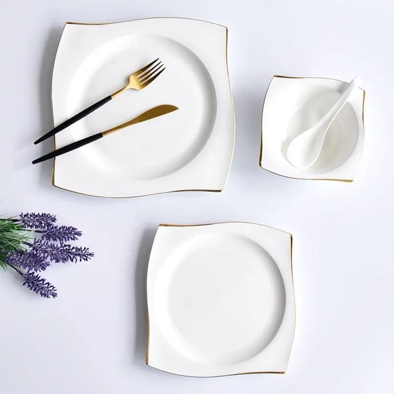 Ceramic Square Plates and Bowl Set Dinner Set Plates and Dishes Bone Porcelain Tableware Phnom Penh Cutlery Kitchen Accessories