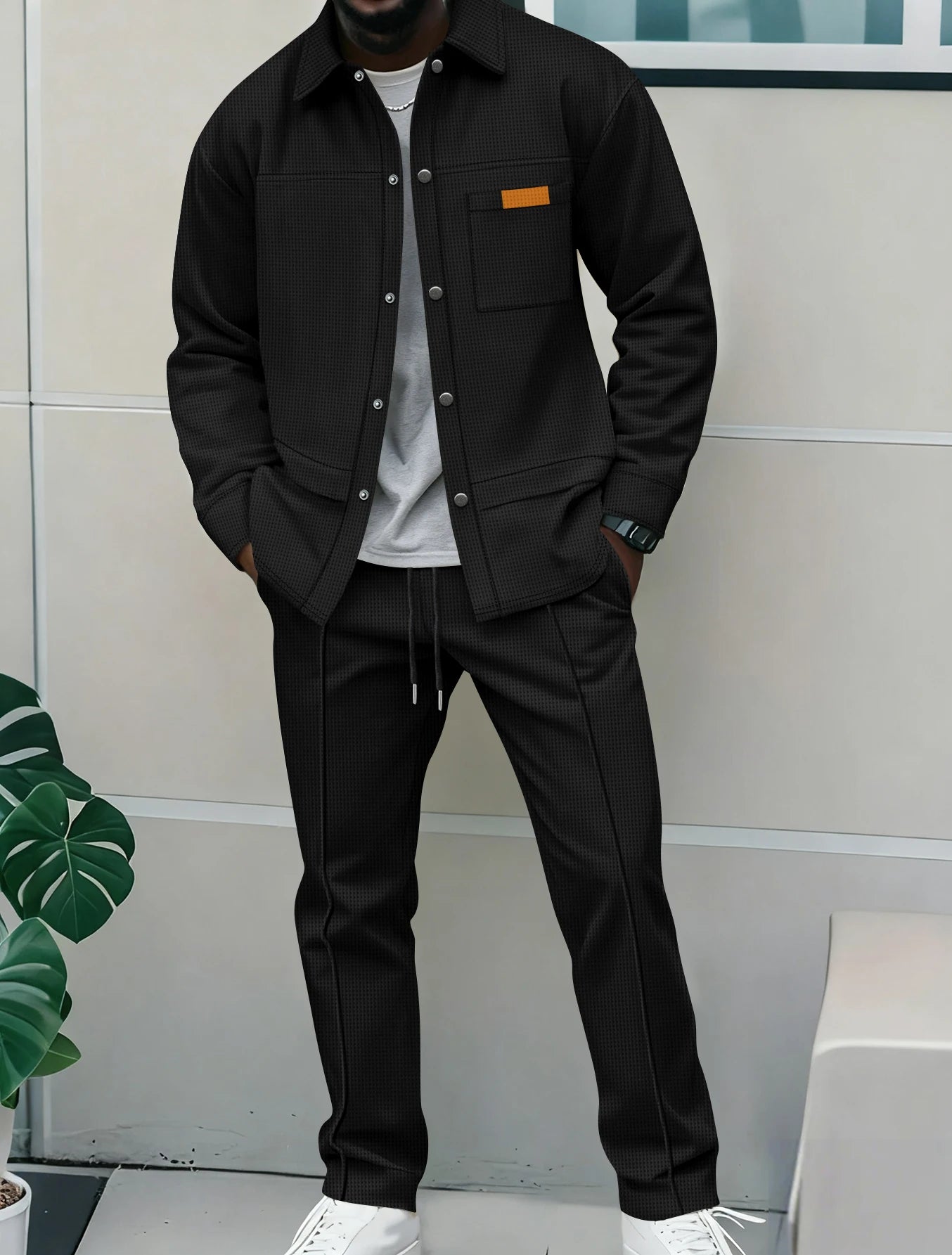 Men's Textured 2 Piece Outfits Lapel Collar Button Down Shirt Jacket & Drawstring Pants Set Casual Streetwear Tracksuit