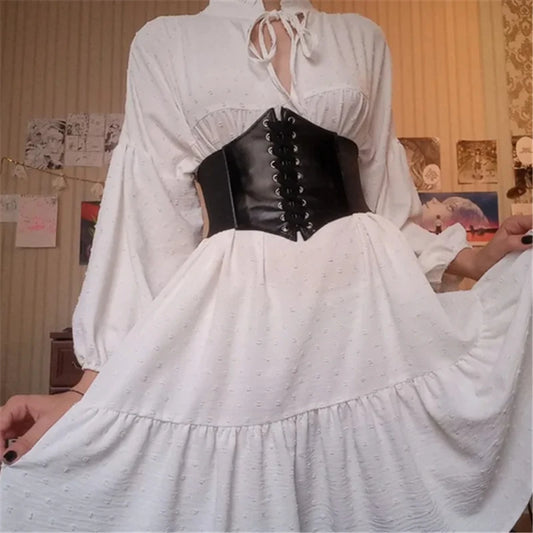 Women's Corset Belt Gothic Fashion PU Leather Female Lace-up Corset Belts Slimming Waist Vintage Corset Black Wide Belt for Girl