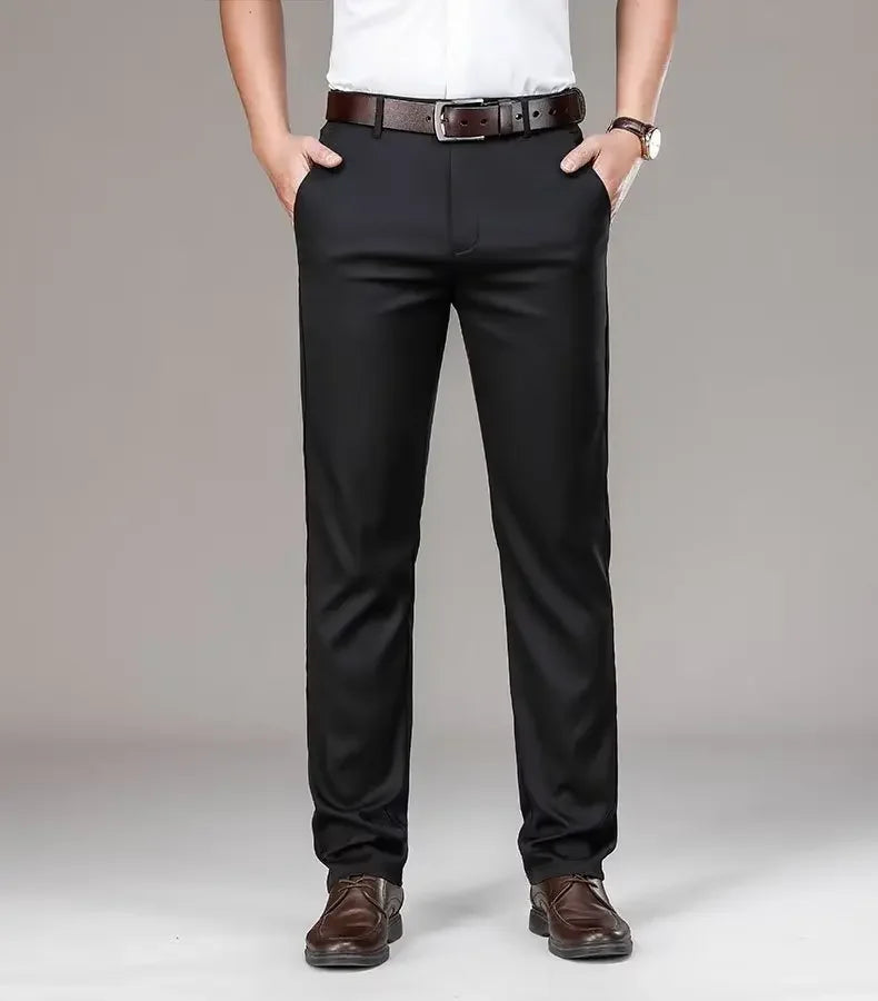Pantalones casuales de seda helada para hombre, de negocios, formales, de verano, finos, rectos y holgados, para hombres de mediana edad.