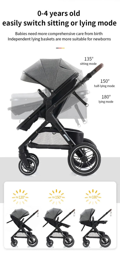 Poussette luxueuse 3 en 1 pour nouveau-né, modèle de voyage et pliable, Cadre Aluminium, Landau, Capote Rabattable