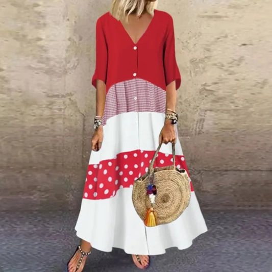 Primavera/Verano L-5XL de talla grande para mujer talla grande suelta cuello en V manga corta estampado moda vestido largo botón suelto talla grande