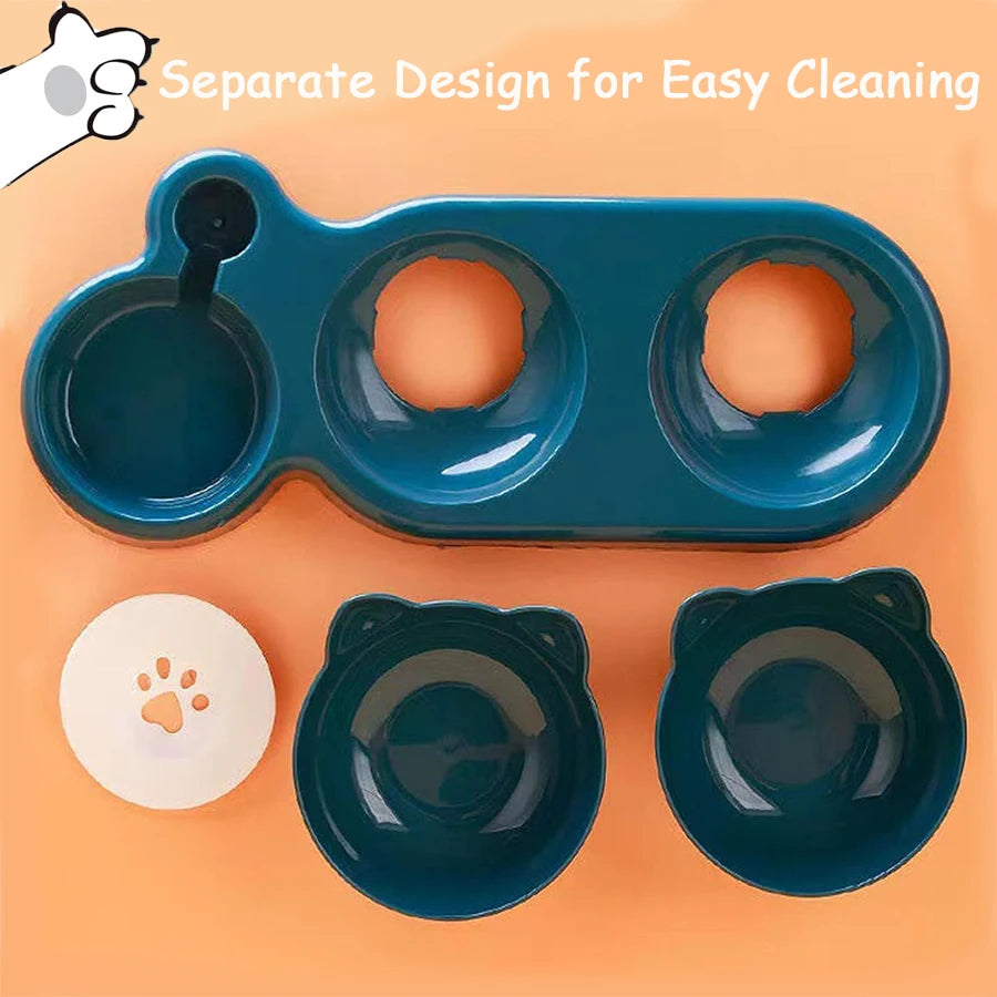 Alimentador triplo para animais de estimação, tigelas duplas 2 em 1 com garrafa automática, design inclinado e giratório para gatos e cães