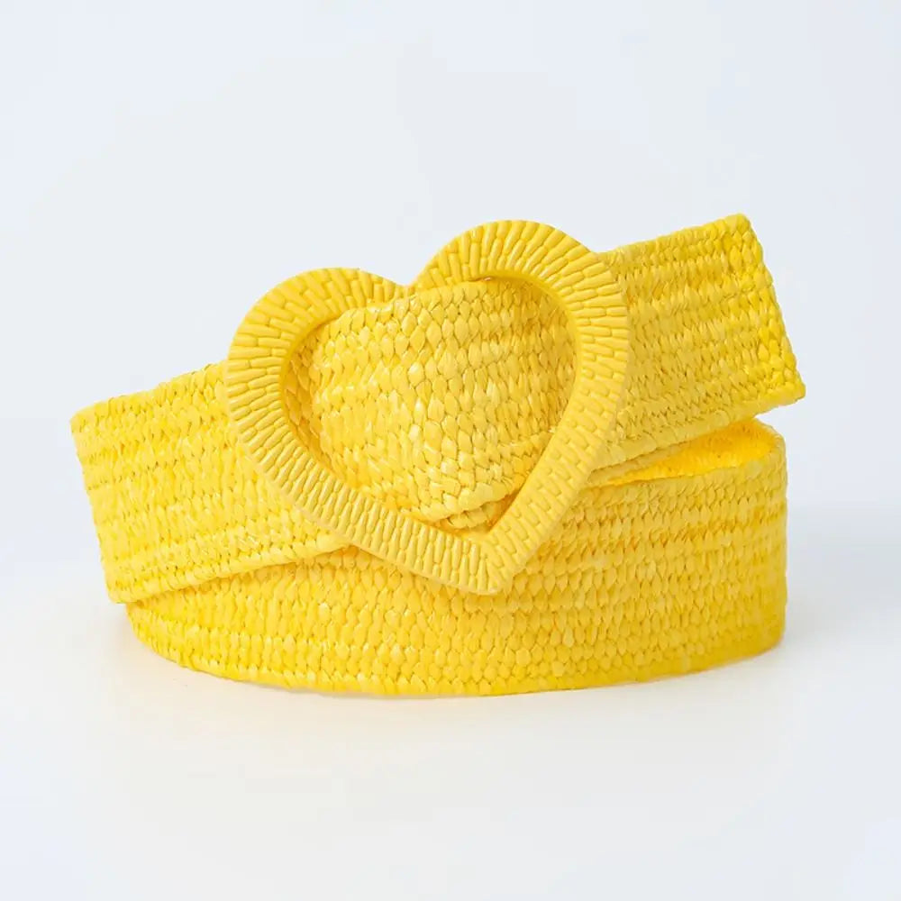Straw Woven Waist Belt Summer Love Heart Buckle Candy Color Waistband Dress Decoration 4cm Wide Braided Belt