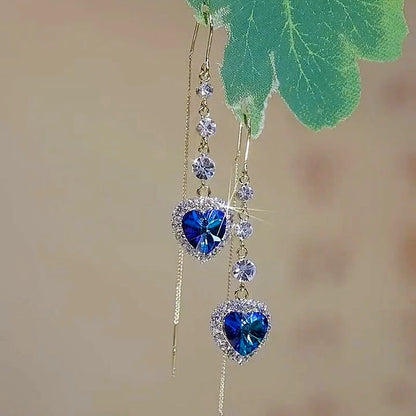 Blue Heart Shaped Zircon Long Tassel Gold Color Ear Wire for Women Elegant Exquisite Temperament Ladies Wedding Party Jewelry