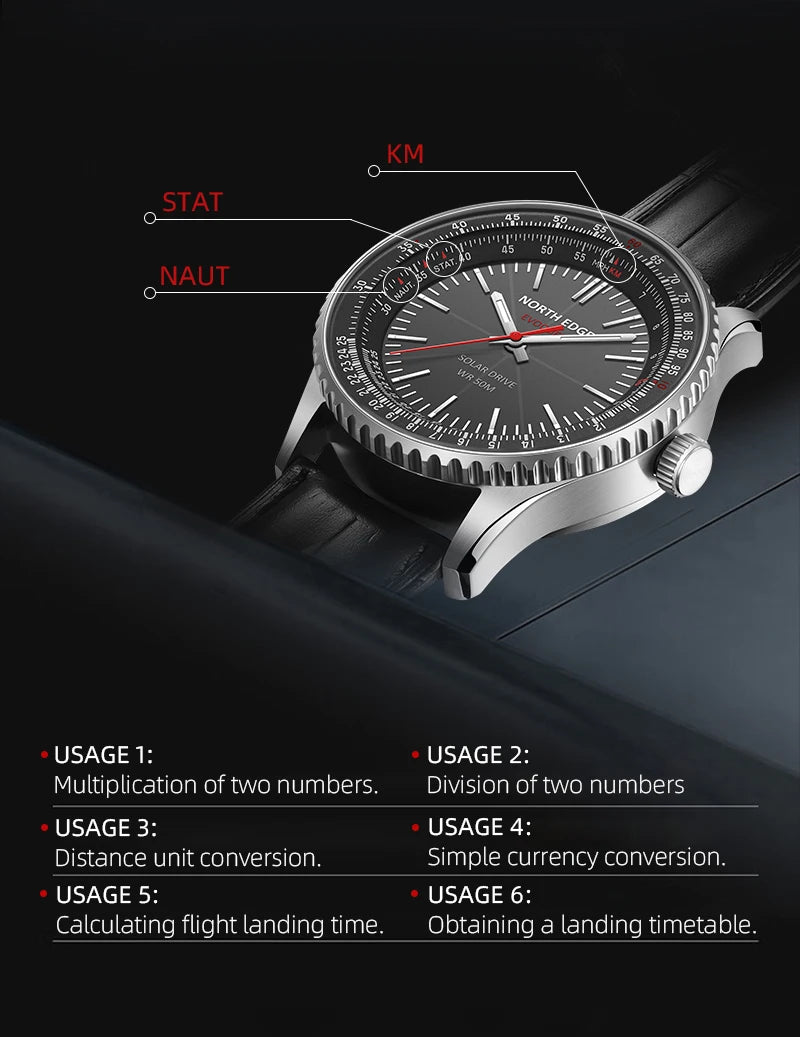 Reloj NORTH EDGE EVOQUE 3 Pilot Series para hombre, de aviación, militar, con energía solar, correa de cuero, caja luminosa de acero inoxidable.