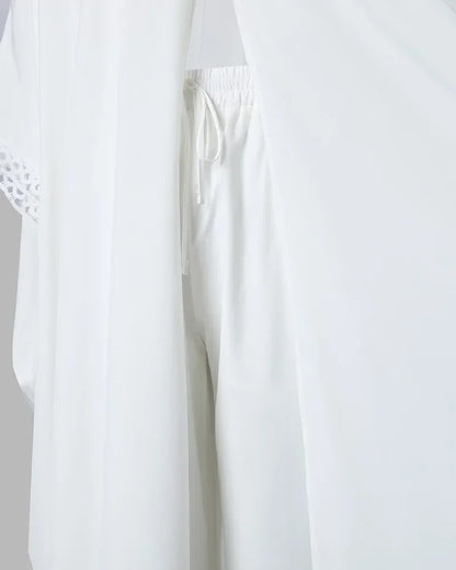 Contrast Lace High Slit Longline Top & Pants Set Women Solid Color Spring Summer Clothing Suit Blouse Tops High Waist Pants