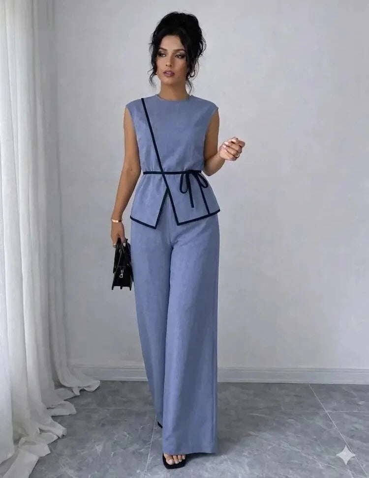 Women's Summer Tie-waist Wide-leg Pants Set Sleeveless Wrap Blazer Top Loose Straight-leg Pants Two-piece Set Comfortable Outfit