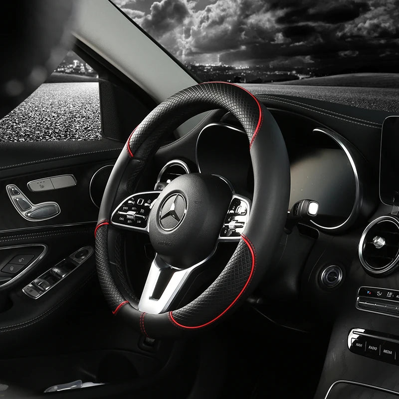 All Seasons Leather Diamond Steering Wheel Cover Universal Fit for 14 .5-15 Inch Durable Leather Cover Anti-Slip Veins Design
