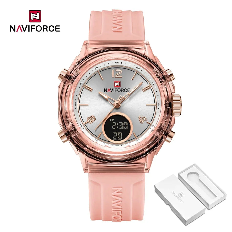 Relojes NAVIFORCE para mujer, nuevo diseño, esfera pequeña, deportivos, para mujer, resistente al agua hasta 5 ATM, reloj de pulsera de cuarzo con pantalla LCD digital, reloj para mujer
